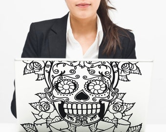 mexican sugar skull laptop decal, day of the dead macbook decal, dia de los muertos sticker, custom fit laptop decal, skull, FREE SHIPPING