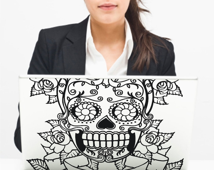 mexican sugar skull laptop decal, day of the dead macbook decal, dia de los muertos sticker, custom fit laptop decal, skull