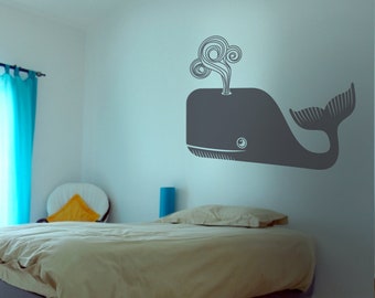 large whale wall decal, cute whale wall sticker, friendly whale, children's room, bedroom decor, marine life art, FREE SHIPPING
