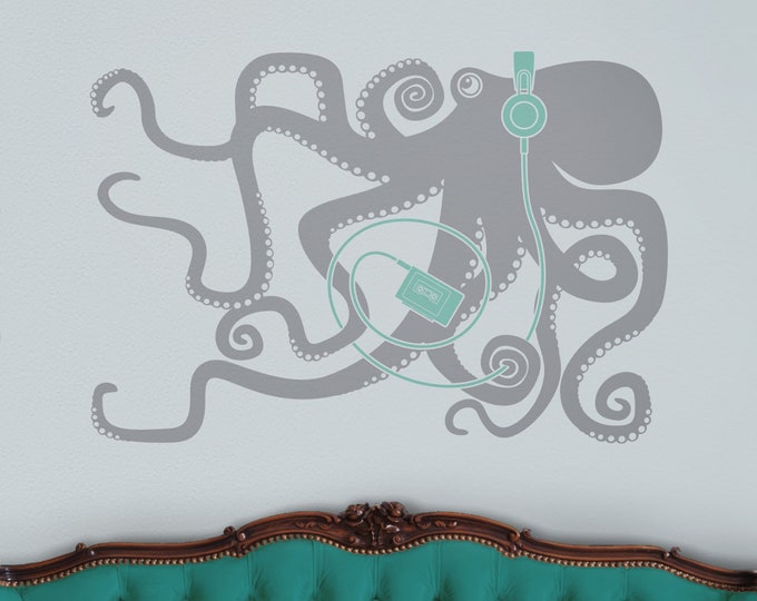 Octopus with headphones wall decal- octopus art, retro 80s, music lover decor, animal art, sea creatures, musician gift, music lover gift