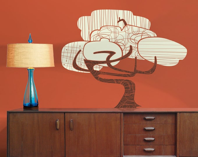 mid century modern tree wall decal, vintage style decor, bonsai tree art