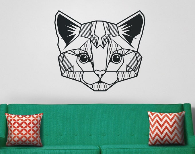 cat wall decal, geometric cat decal, abstract feline sticker, kitty art