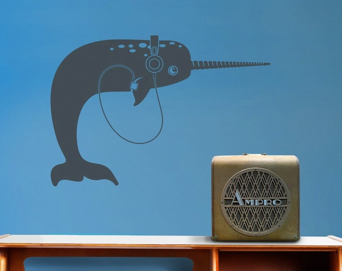 Narwhal wall decal, narwhal with headphones wall sticker for music lover gift