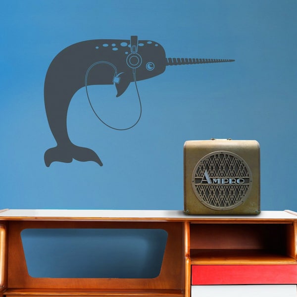 Narwhal with headphones wall decal vinyl sticker