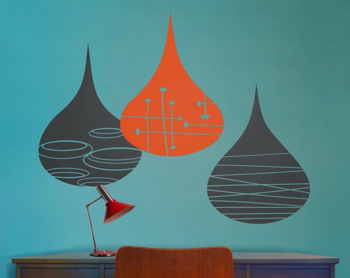 mid century modern rain drops wall decals, geometric rain drops, 50's art and design, mcm