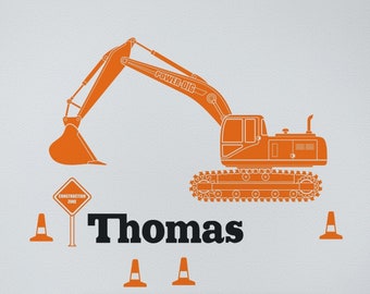 Calcomanía de pared excavadora naranja- pegatina de equipo pesado, equipo de construcción, calcomanía personalizada, regalo para niños, habitación de los niños