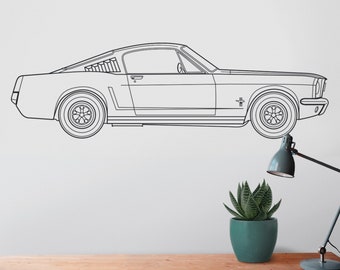 Ford mustang wall decal- 65 mustang fastback art, pony car art, auto blueprint art, automobile design, muscle car art, car lover gift