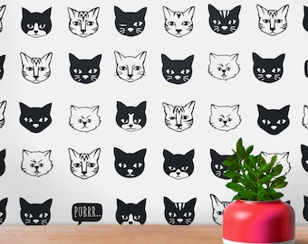 Cat wall decal set for cat lover, cat pattern decal for nursery, cat face vinyl wall decal, cat lover gift for cat lover