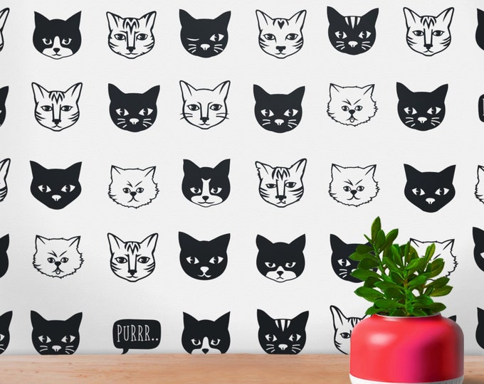Cat wall decal set for cat lover, cat pattern decal for nursery, cat face vinyl wall decal, cat lover gift for cat lover