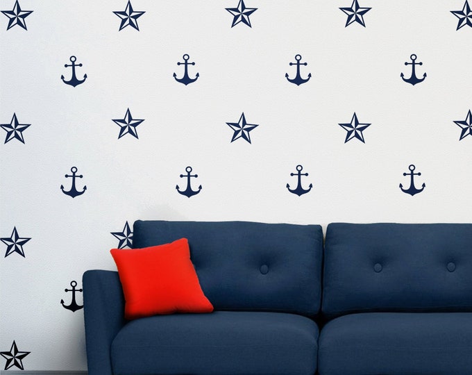 Anchor and nautical stars wall decal set- nautical decor, nautical stickers, sailor wall stickers, anchor stickers, ocean art, nautical art