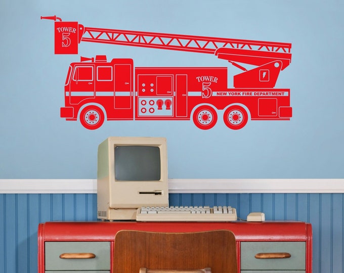 Custom fire truck wall decal for bedroom fire truck sticker for kid's room decor personalized fire truck vinyl wall decal for boy's room