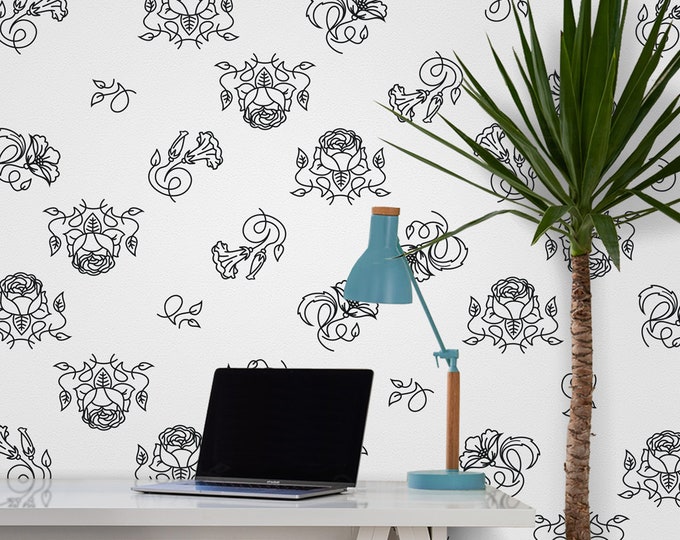 Flower pattern wall decal- flower line art, decorative floral vinyl wall decal, modern flower art, living room decor, nursery decor