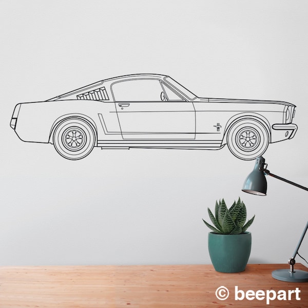 Ford mustang wall decal- 65 mustang fastback art, pony car art, auto blueprint art, automobile design, muscle car art, car lover gift