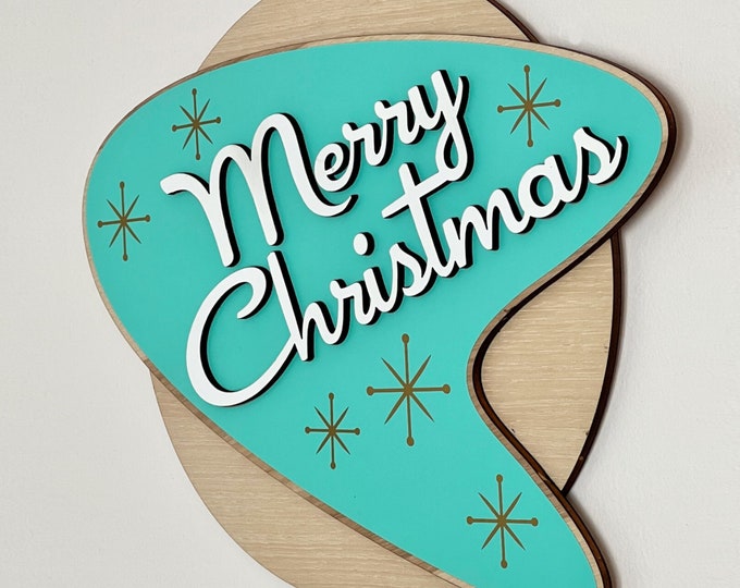 Merry Christmas door hanger mid century modern holiday sign for entryway retro boomerang wall hanger for holiday decor