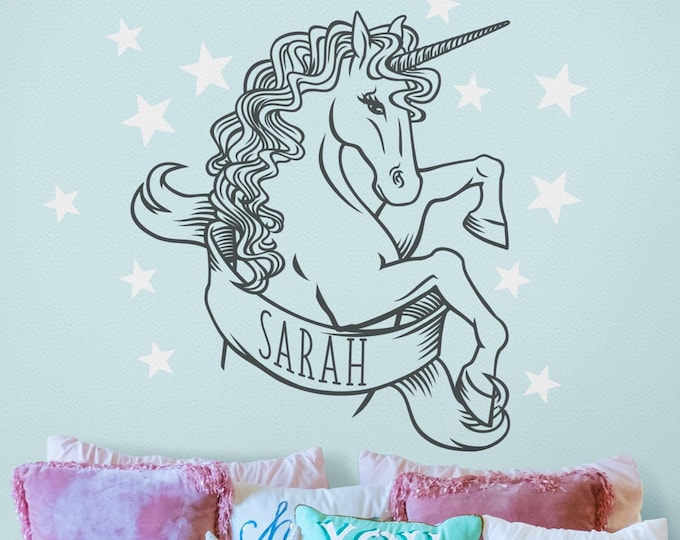 Custom Unicorn wall decal, personalized unicorn bedroom wall art