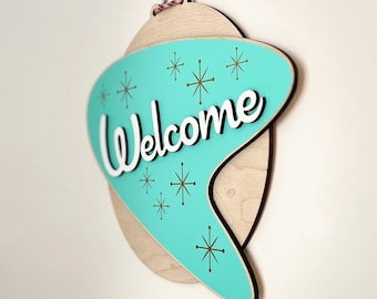 Personalized Wood Door Hanger: Boomerang Mid Century Modern Style