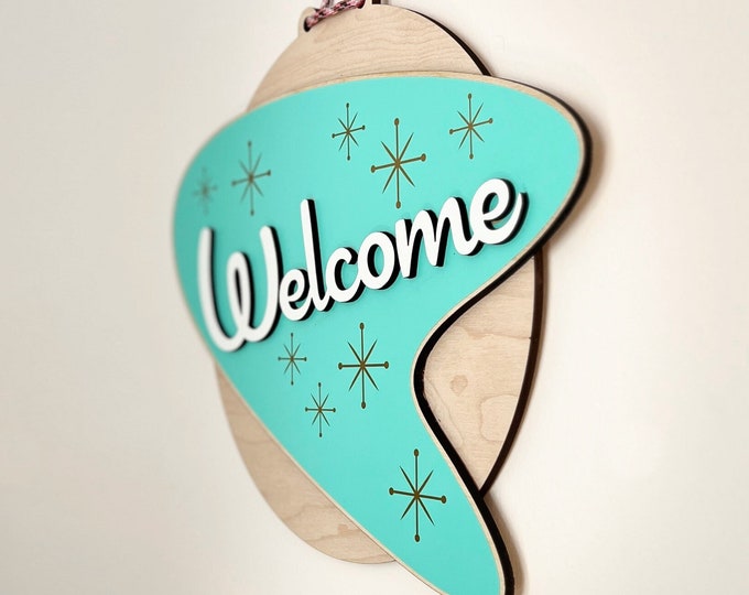 Welcome sign door hanger mid century modern style welcome door sign atomic boomerang entranceway wall hanger foyer retro welcome sign