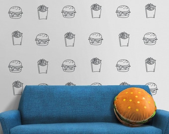 Burger and Fries wall decal- fast food, hamburger art, diner decor,  restaurant art, hamburger motif, french fries art, kitchen