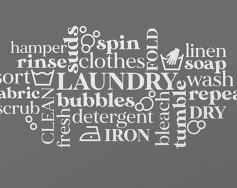 Laundry Room Word Cloud Wall Decal: Modern Washroom Decor