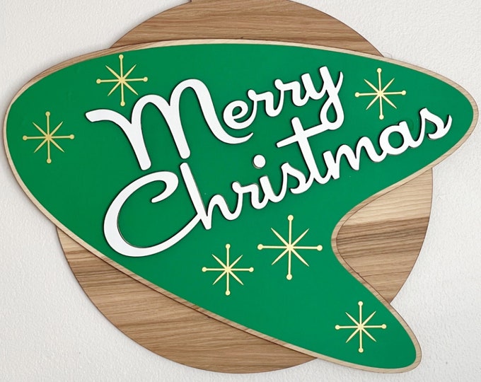 Retro merry Christmas door sign, green mid century modern Christmas, wall hanging, boomerang door sign, starburst design, holiday decor