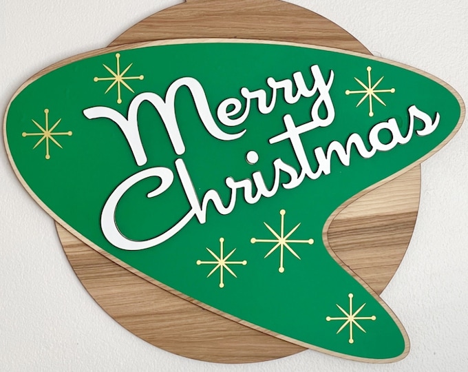 Retro merry Christmas door sign, green mid century modern Christmas, wall hanging, boomerang door sign, starburst design, holiday decor