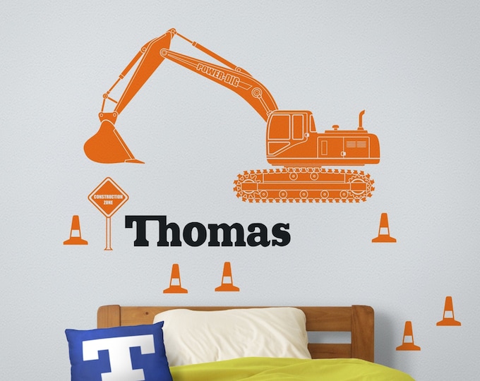 Excavator wall decal- heavy equipment sticker, construction equipment art, custom name decal, digger decal, gift for boys, childrens room