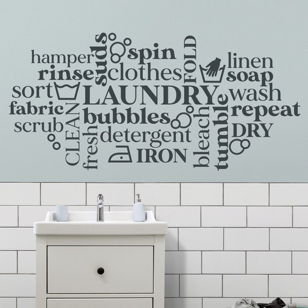 Laundry wall decal, laundry word cloud, laundry room sticker, launderette, laundromat decor, washroom, word cloud wall decal