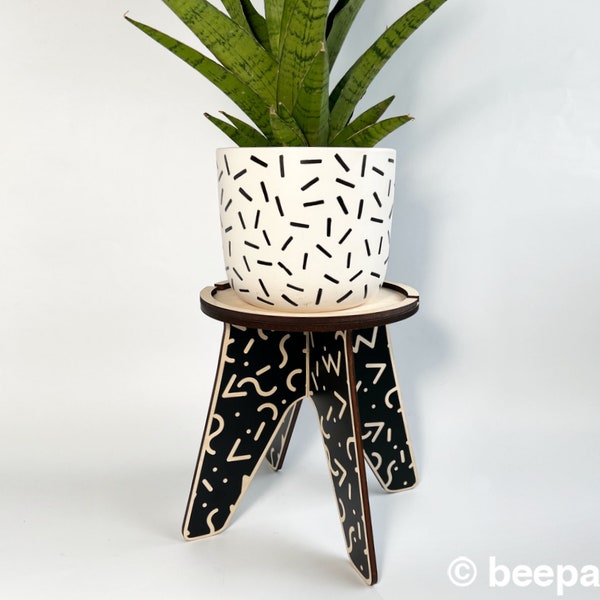 80s style wood plant stand, wooden house plant holder, RINGWALD, Memphis group style, indoor plants, plant pedestal, plant riser, retro