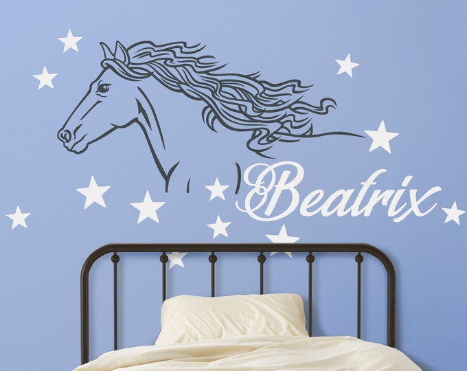 Personalized horse wall decal, custom name wall decal, horse art, children's room, equine, cowboy, cowgirl, bedroom, wild horse sticker