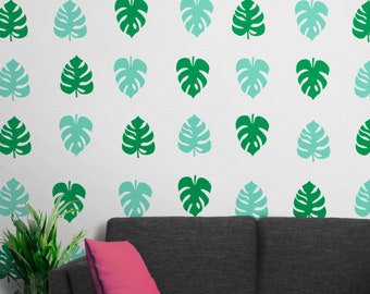 Monstera leaf wall decal tropical plant wall decal set, monstera leaf motif pattern monstera leaves