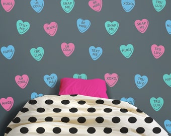 Candy hearts wall decal- hearts pattern, sweethearts wall stickers, teen wall decor, pink heart, personalized heart decal, valentines