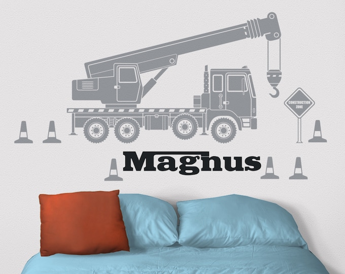 Crane wall decal- custom name decal, construction equipment art, heavy equipment sticker, personalized decal, children's room, nursery decor