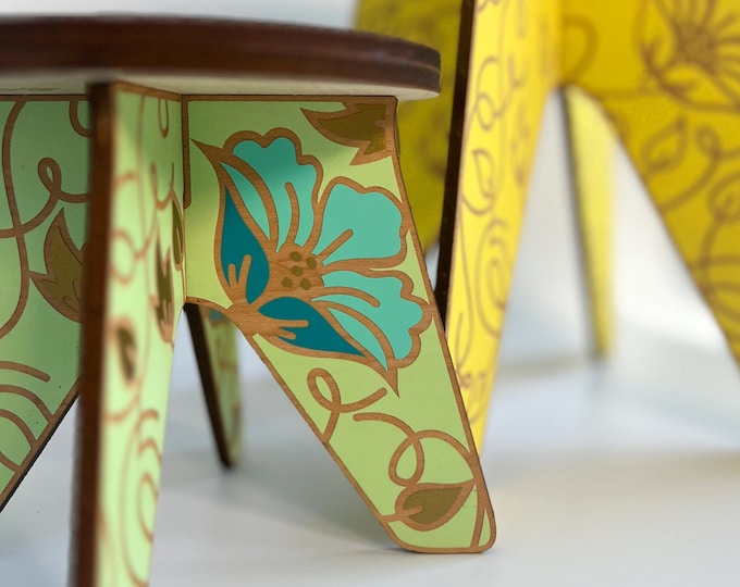 Painted wood plant stand with floral pattern design, wood plant holder for indoor plants, house plant stand for flower pot