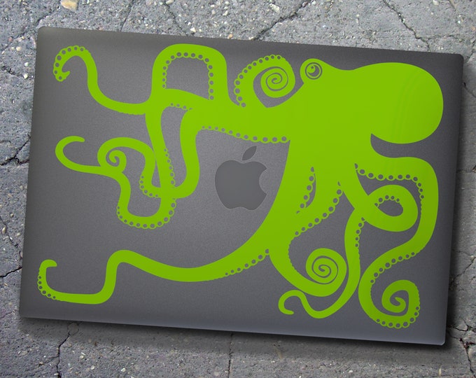 Green octopus macbook decal- laptop sticker, lime green, illustrated octopus design, sea animal art, octopus sticker