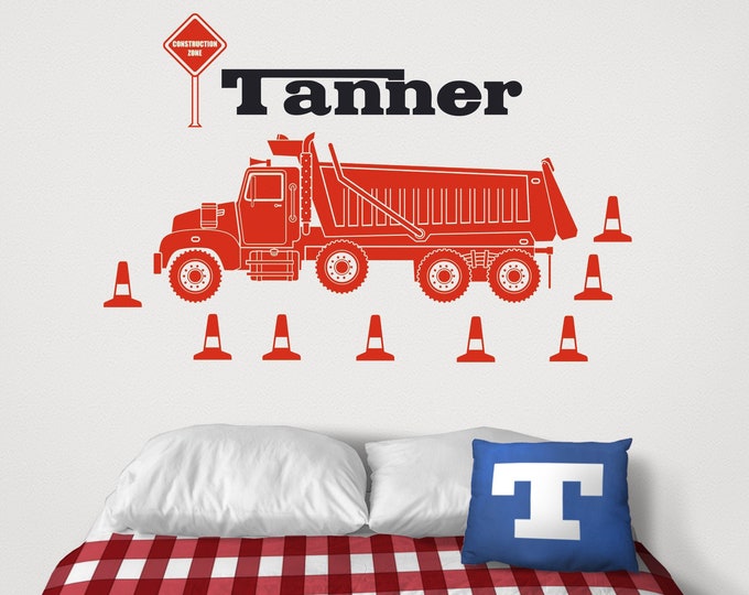 Dump truck wall decal- personalized decal, heavy equipment sticker, construction equipment art, custom name decal,  gift for boys