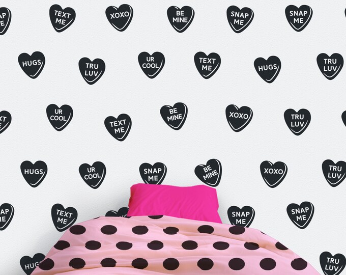 Black hearts wall decal- candy hearts pattern, sweethearts wall stickers, personalized heart decal, valentines, bedroom decor teens