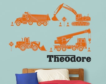 Construction Equipment Personalized Wall Decal Set: Excavator DumpTruck Bulldozer Crane