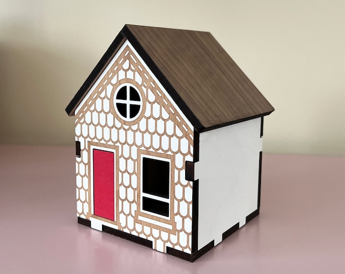 New England Saltbox miniature house, east coast saltbox style house, wood house miniature for shelf or mantle