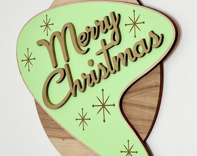 Retro Merry Christmas door sign mid century modern Christmas wall hanging for entryway boomerang wall sign holiday decor for front door