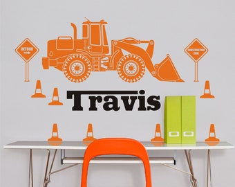 Personalized Bulldozer Vinyl Wall Decal, Custom Name Sticker