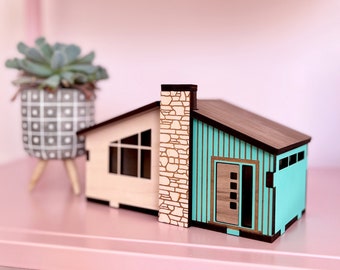Mid Century Ranch miniatuurhuis voor mantel of plank, Ranch stijl miniatuurhuis, Mid Century moderne bungalow houten huis