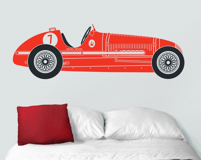 Red race car wall decal- red Maserati art, vintage race car, personalized car decal, car lover gift, automobile art, gift for boys