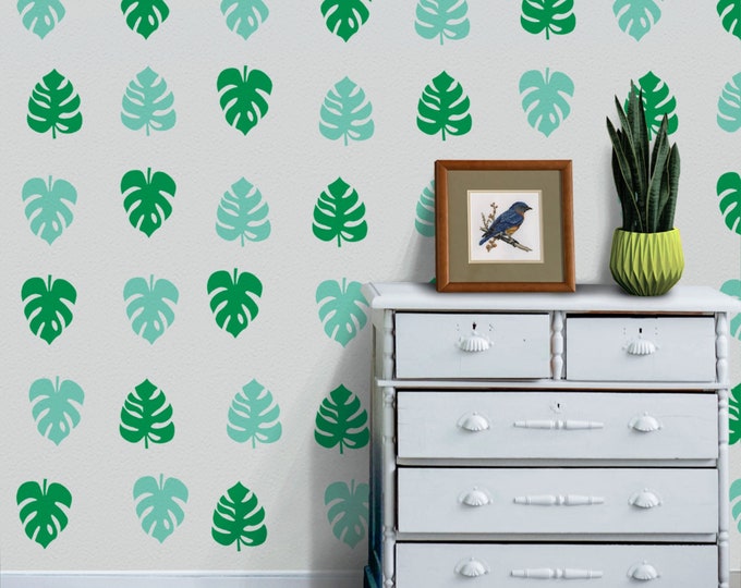 Monstera leaf wall decal set, monstera leaves wall decals tropical leaf motif, monstera wall decal