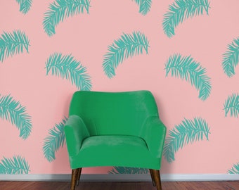 Palm leaf wall decal set, tropical leaves wall decal pattern, vintage eighties style retro 80s interior palm fronds wall stickers