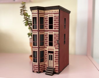 NYC brownstone miniatuurhuis, New York City brownstone voor boekenplank, Brooklyn brownstone, Manhattan herenhuis