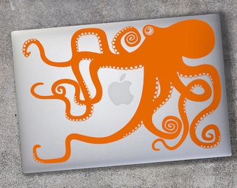 Orange octopus macbook decal- laptop sticker, tentacles decal, illustrated octopus design, sea animal art, octopus sticker