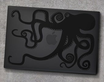 Zwarte octopus macbook sticker-mat zwarte laptop sticker, tentakels, geïllustreerd octopus ontwerp, zeedieren kunst, octopus sticker, stealth