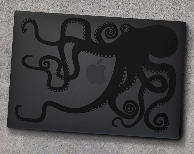 Black octopus macbook decal- matte black laptop sticker, tentacles, illustrated octopus design, sea animal art, octopus sticker, stealth