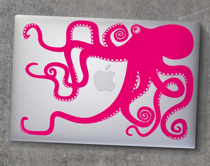 Pink octopus macbook decal- laptop sticker, hot pink, illustrated octopus design, sea animal art, octopus sticker