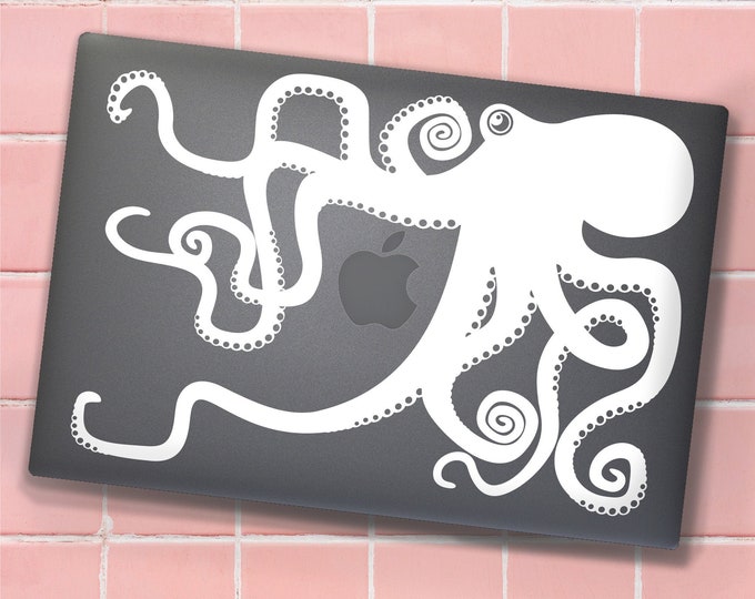 White octopus macbook decal- laptop sticker, tentacles decal, illustrated octopus design, sea animal art, octopus sticker